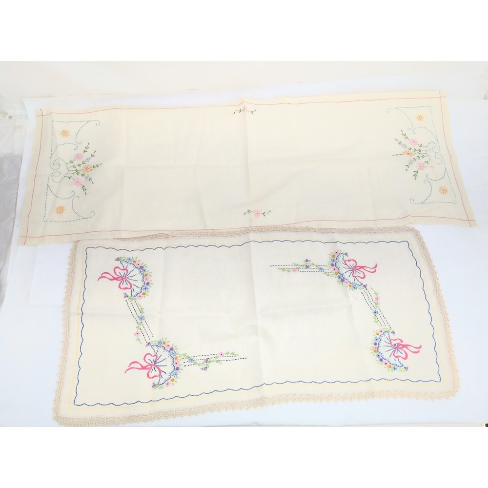 2 Vtg Hand Embroidered Linen Table Runner Flower Floral Crochet Edge